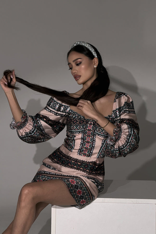Vyshyvanka Print Dress Beige