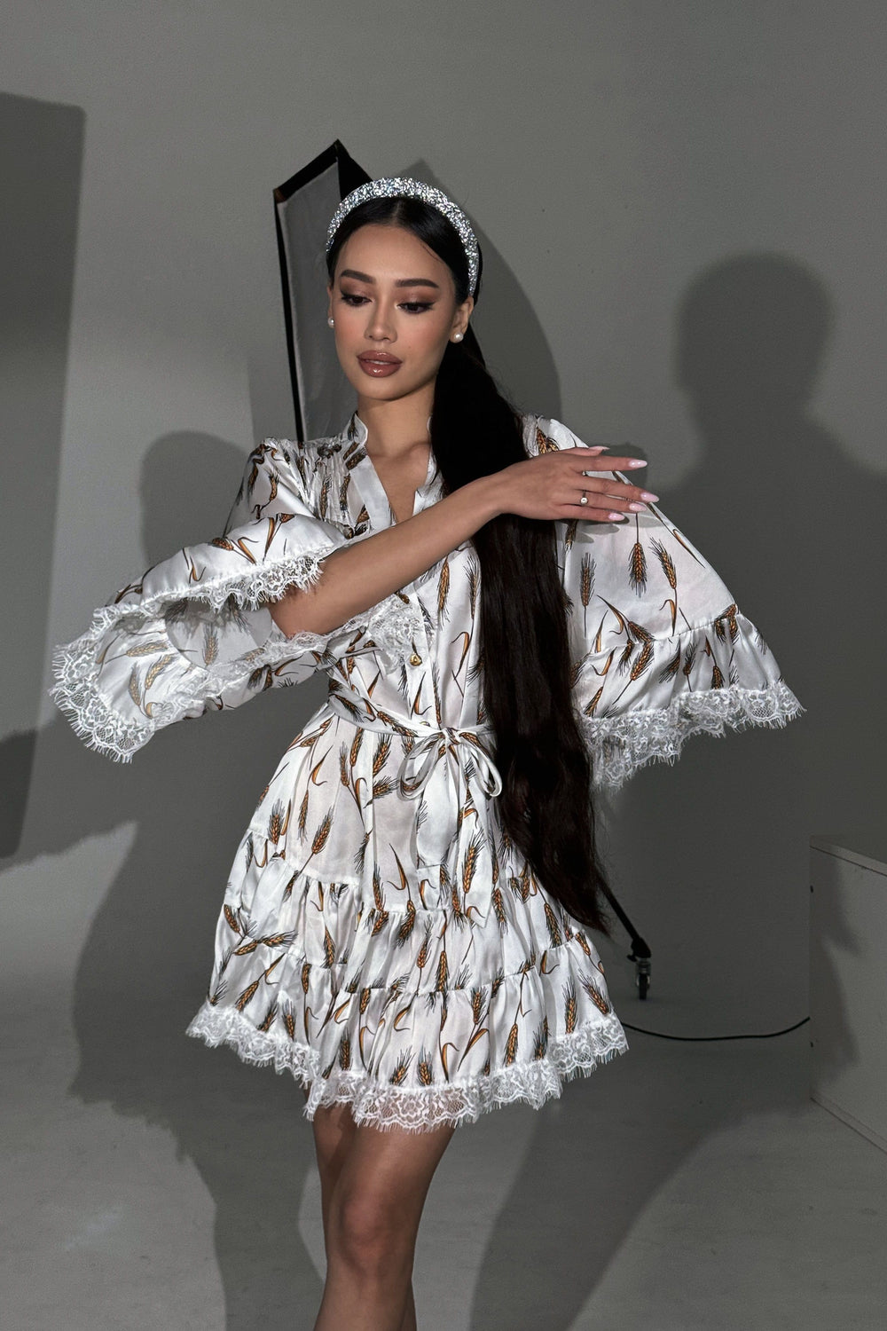 Mini Dress Spikelets Silk White