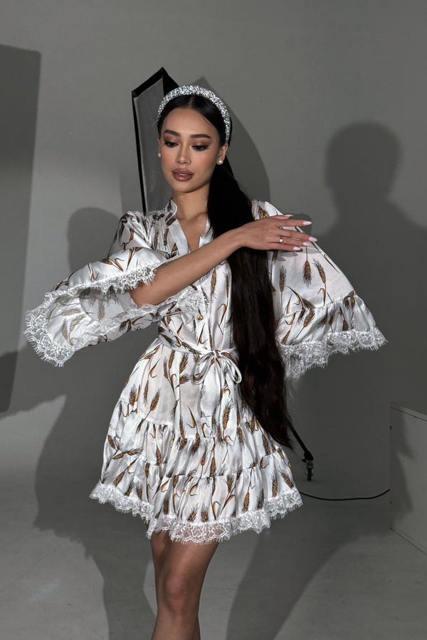 Mini Dress Spikelets Silk White
