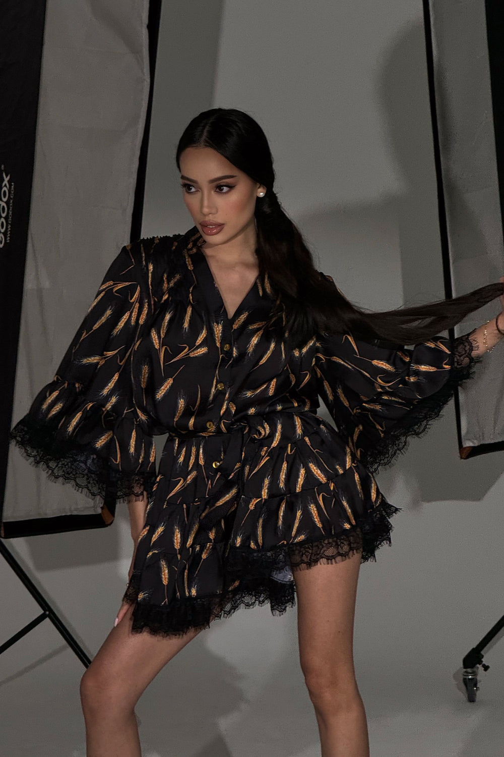 Mini Spikelet Silk Dress Black