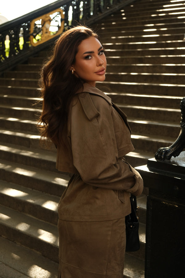 Khaki bio suede trench coat