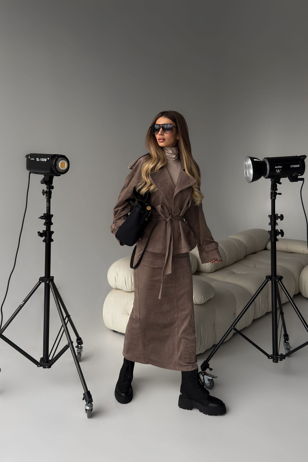 Beige bio suede midi skirt