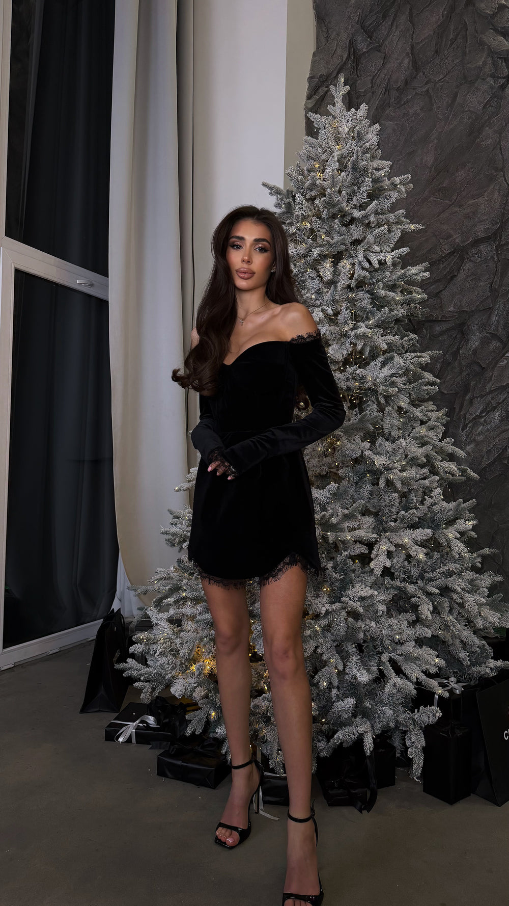 Peony Velvet Black Dress